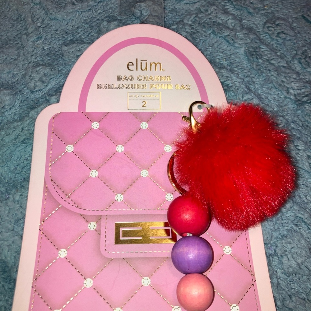Bag Charm With Red Pom Pom & Wood Beads New